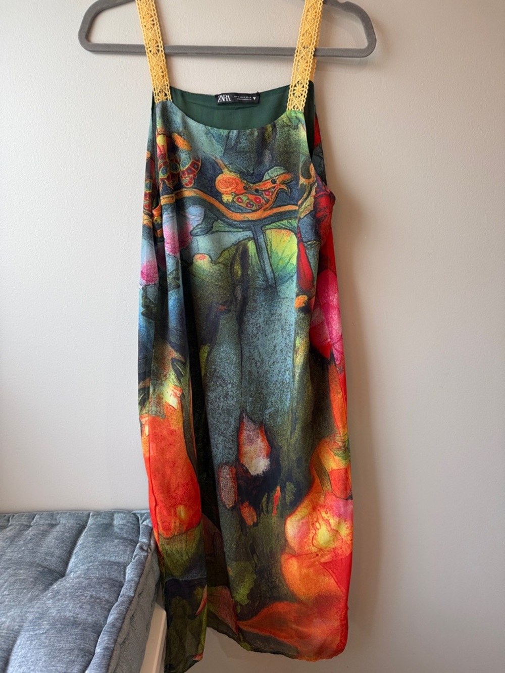 Zara Multicolor Abstract-Print lined Slip Dress with Yellow Lace Straps medium